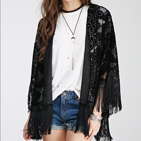 Forever 21 Other - Forever 21 Black Velvet Fringe Kimono Size S Forever 21 Other - Forever 21 Black Velvet Fringe Kimono Size S